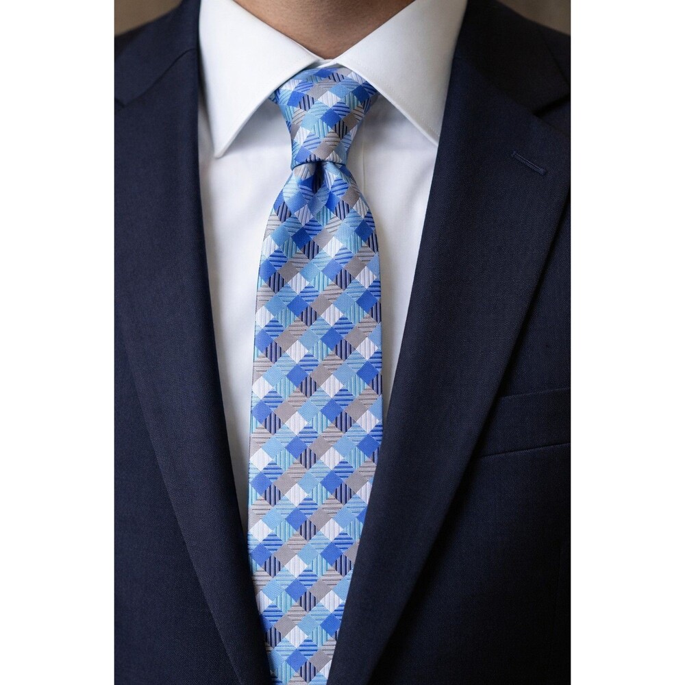 Tie 70s 80s 90s Y2K Mens Geoffrey Beene Silk Blue White Check 3.5 Wide 58 Long